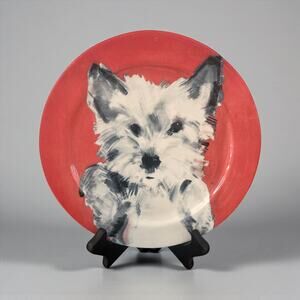 NWT Anthropologie Sally Muir Westie Dog Ceramic Dessert Plate Coral White 9.75”